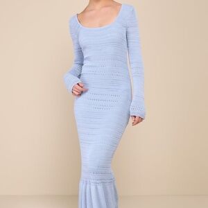 Lulus Sunset Moments Light Blue Crochet Long Sleeve Trumpet Midi Dress - Size M
